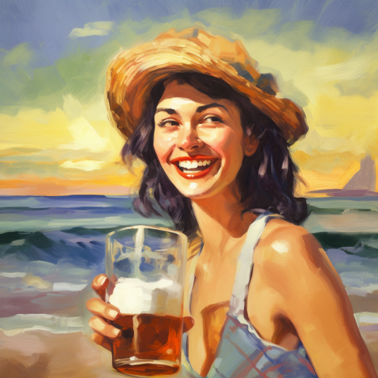 woman on beach with beer