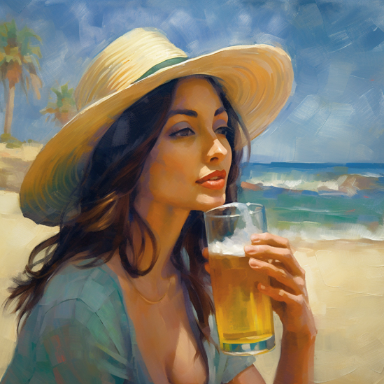 woman on beach drinking beer