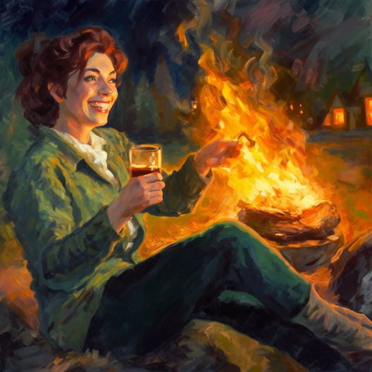 woman drinking beer by campfire