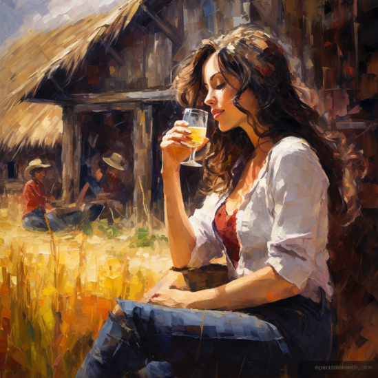 woman drinking beer outside barn