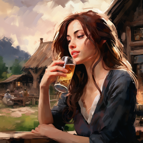 woman drinking beer outside barn