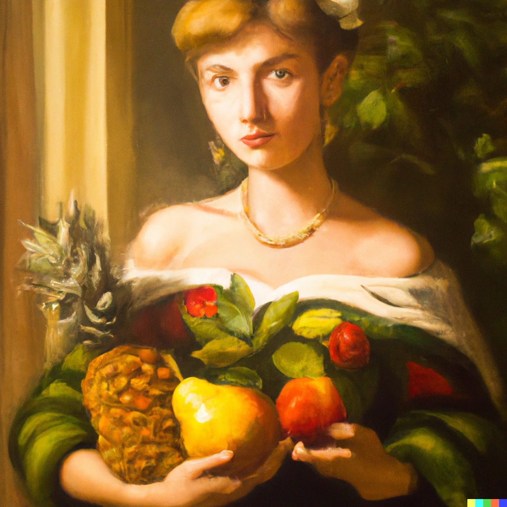 woman holding pineapples, pears and other fruit