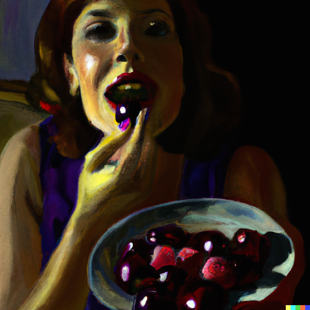 woman eating black cherries