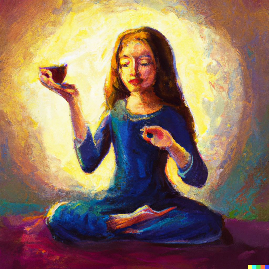 woman meditating and drinking tea