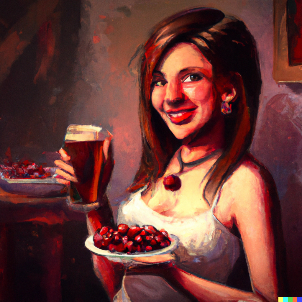 woman drinking beer and eating cherries