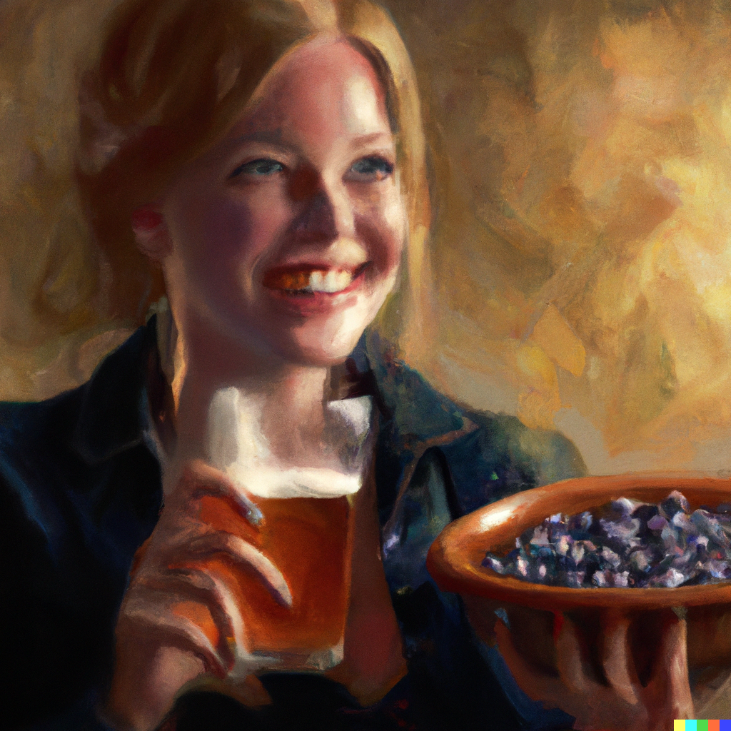 woman eating blueberries and drinking beer