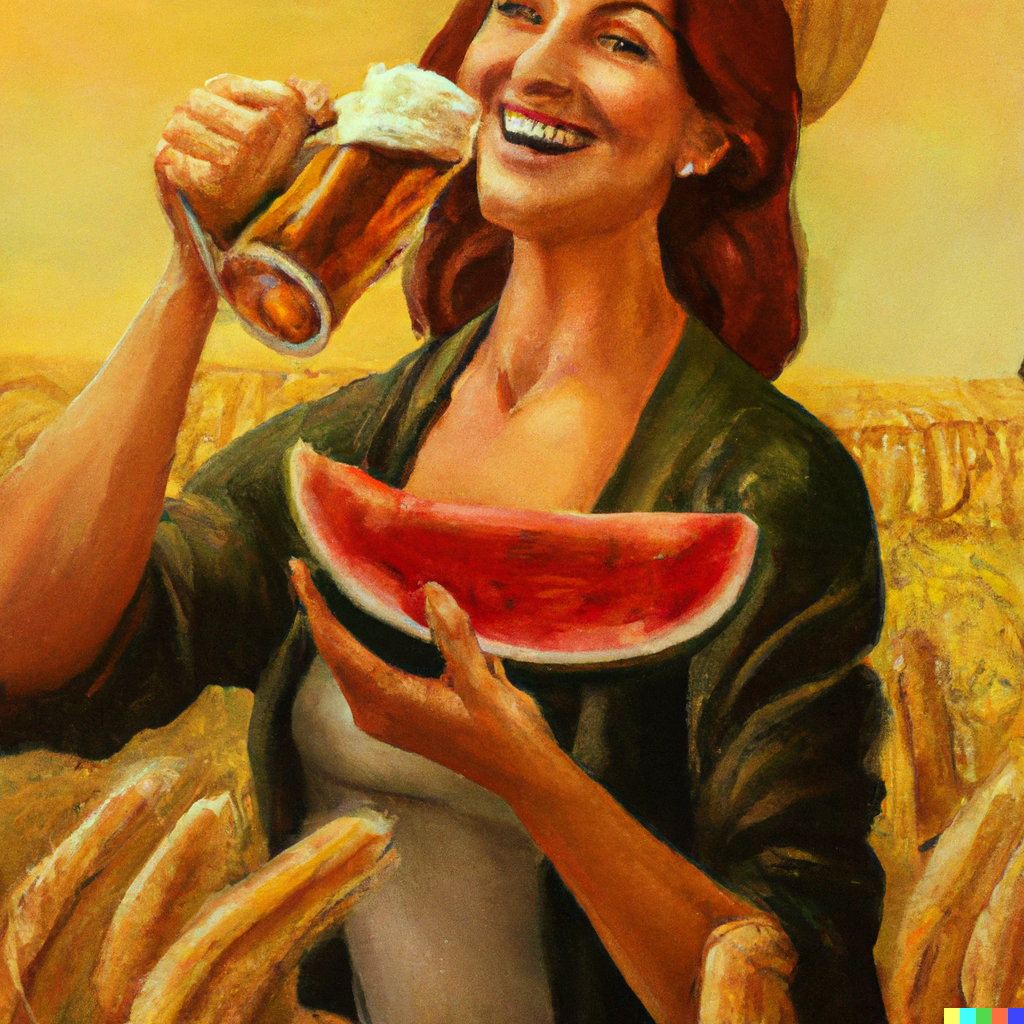 woman drinking beer in a wheat field