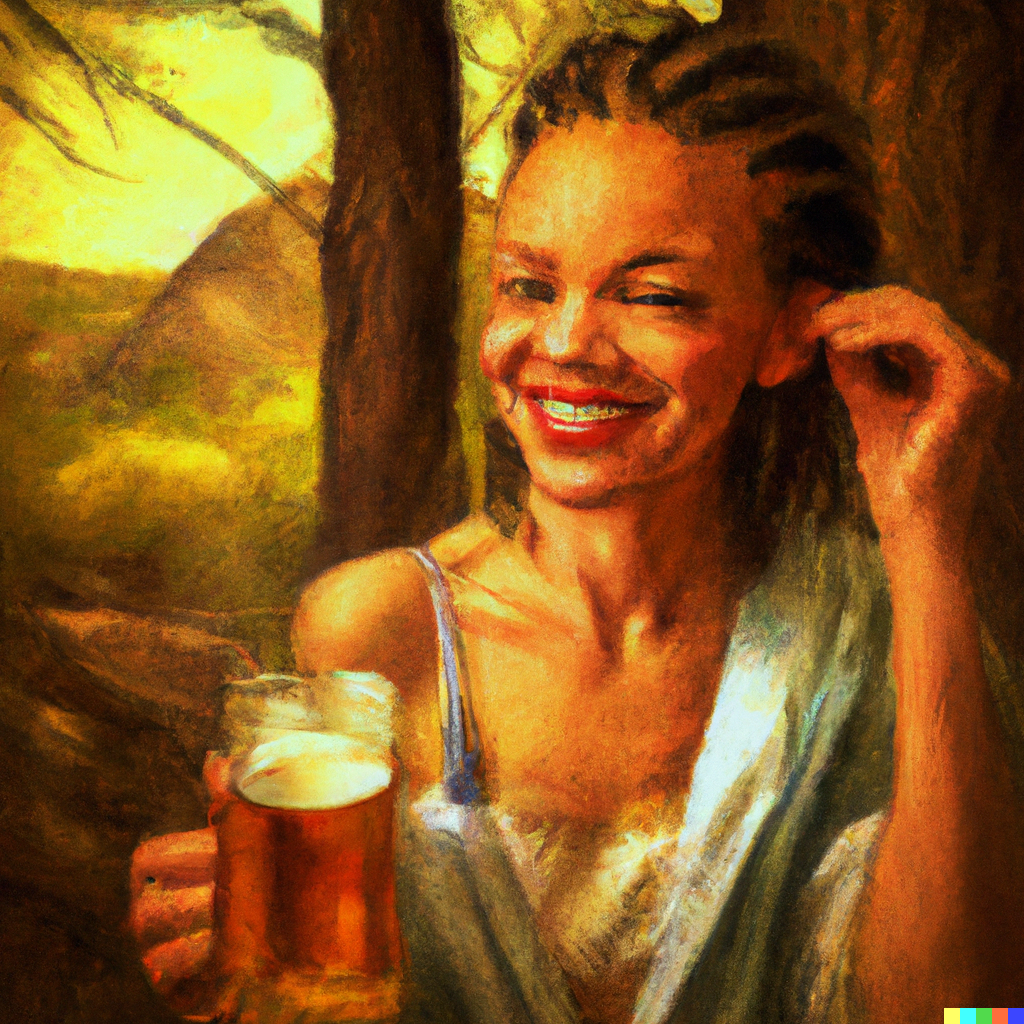 woman drinking beer in a forest