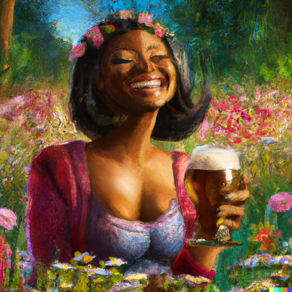 woman drinking beer in a field of flowers