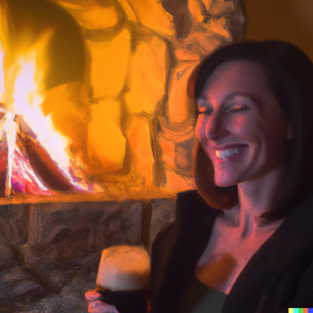 woman drinking beer by a fire