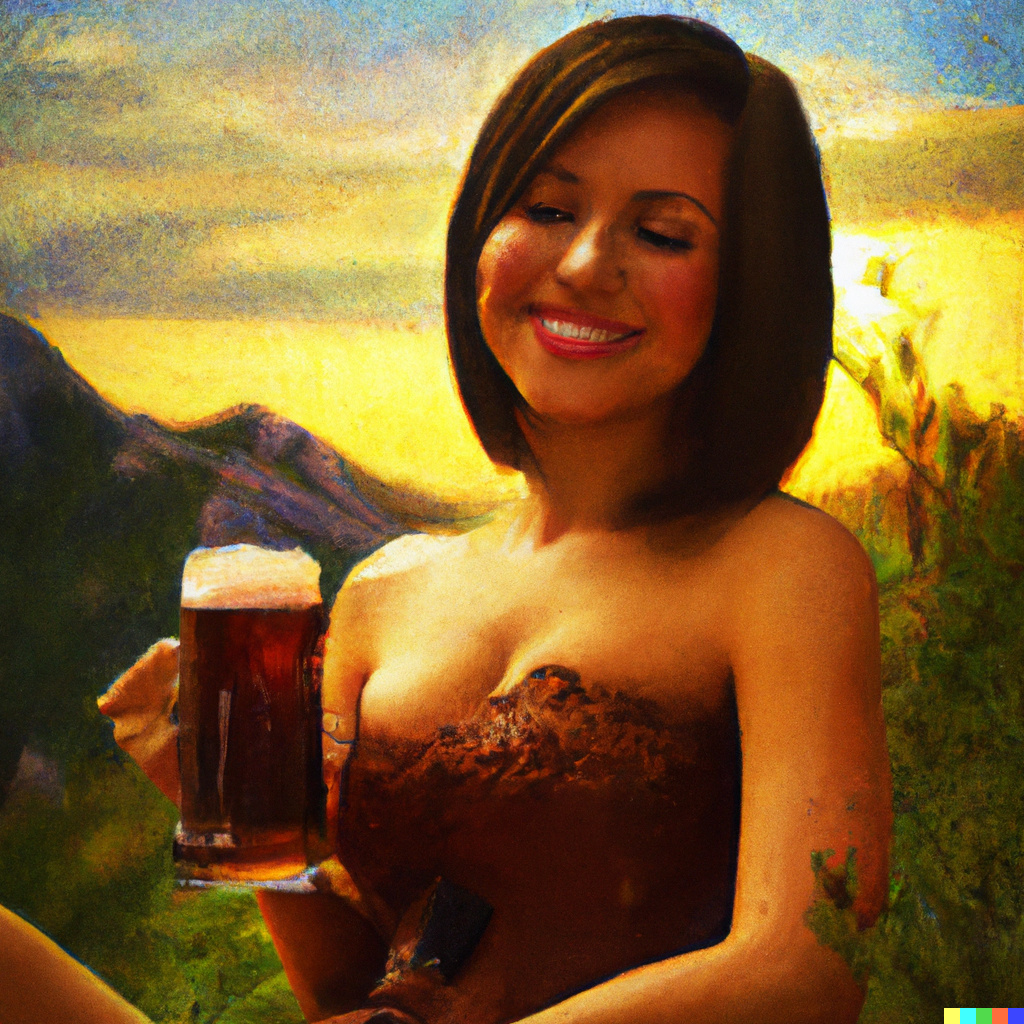 woman drinking beer on a mountain