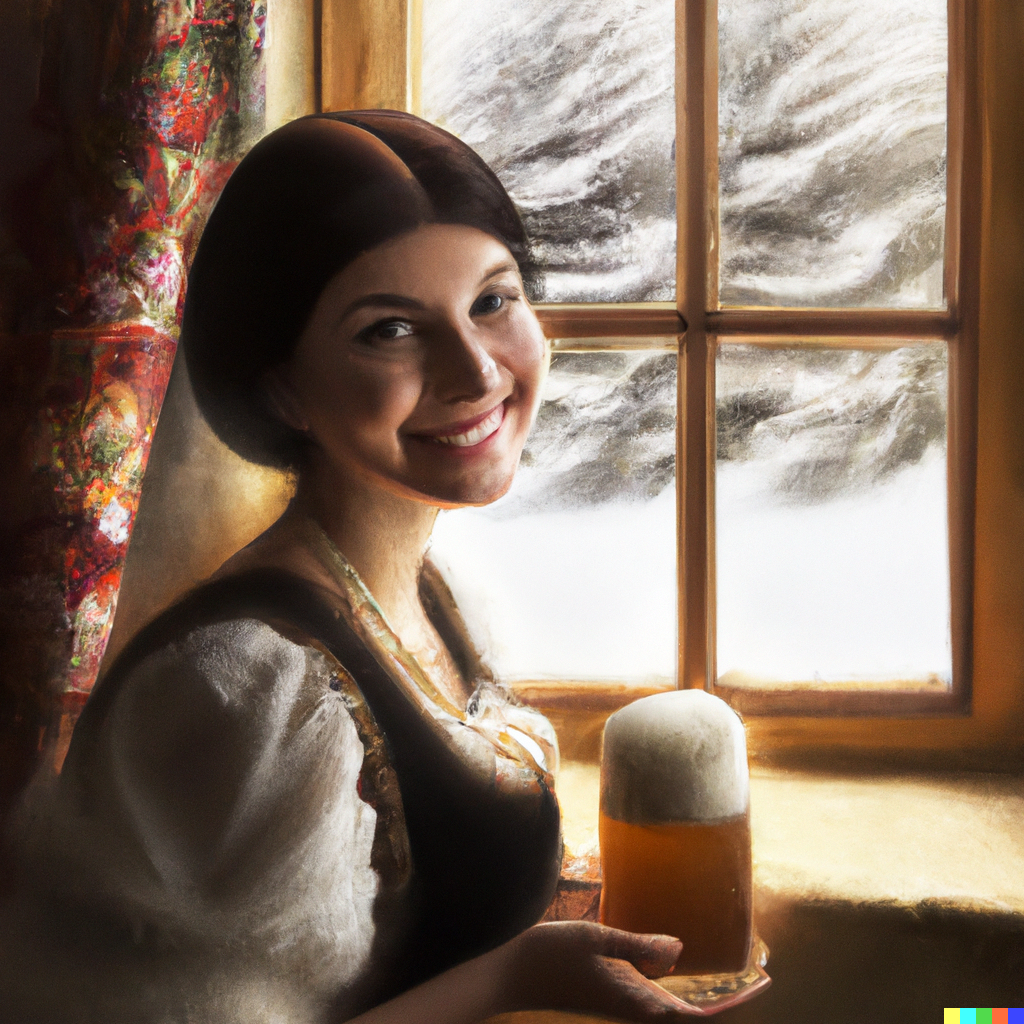 woman smiling with a beer