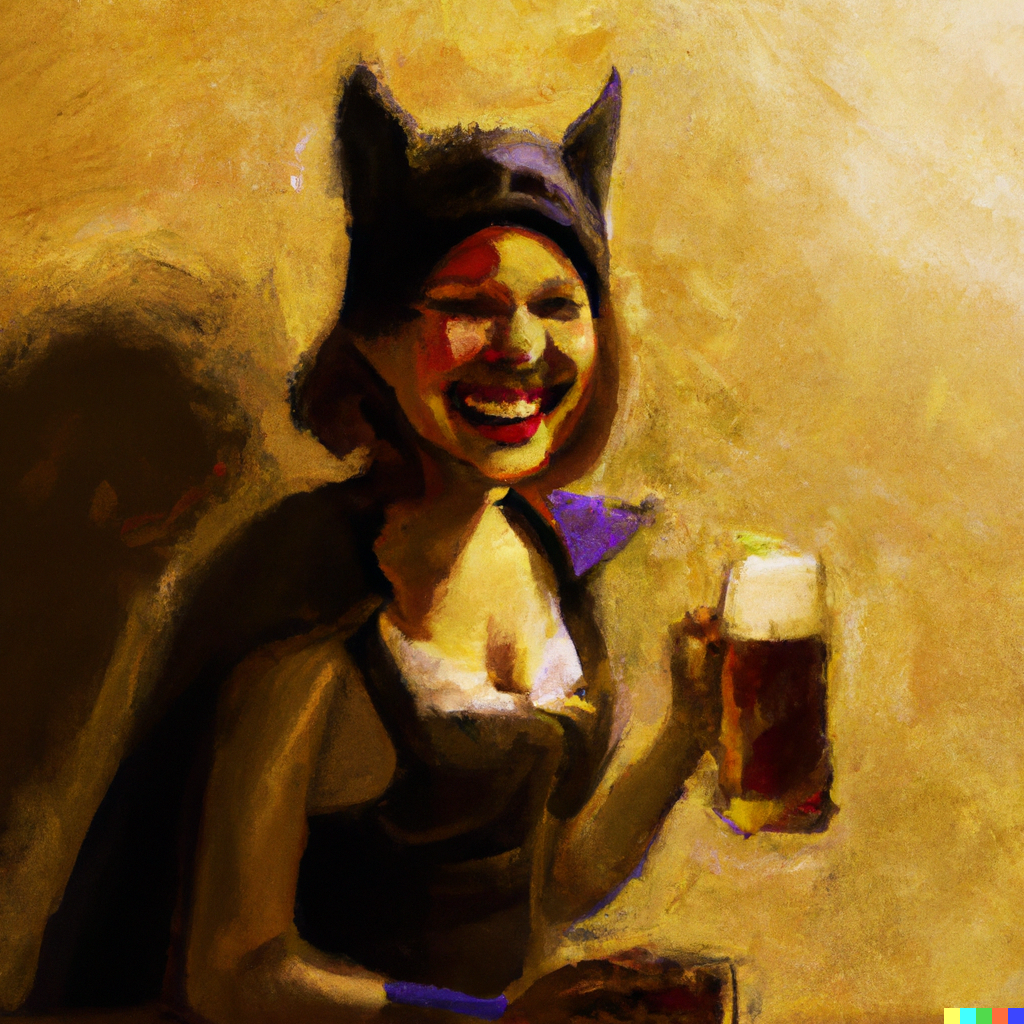 girl dressed as batgirl drinking beer