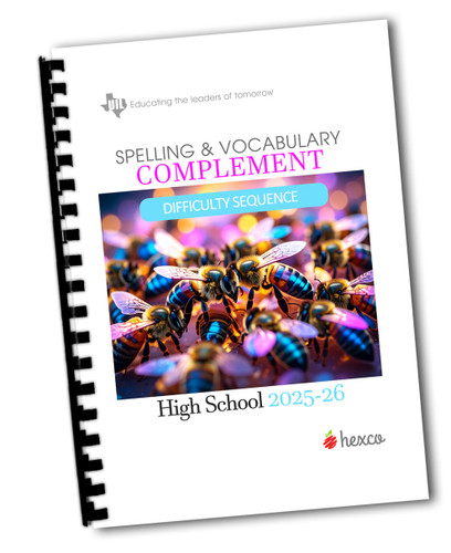 UIL Spelling Complement for High School - 2025-2026 Difficulty SEQUENCE - Get the annual spelling list, PLUS definitions and more! Also great for TAPPS study. 

Figure (cover): Image generated using Adobe Firefly from the prompt swarm of twinkling colorful bees.