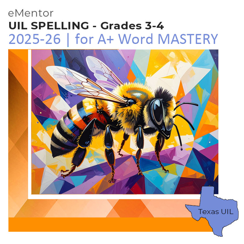 2025-2026 Grades 3-4 Spelling eMentor for UIL A+

Figure: Image generated using Adobe Firefly from the prompt bee with colorful geometric background