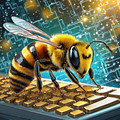 Beekeeper's Bank image generated from Adobe Firefly with search: bee typing on a keyboard cracking a code