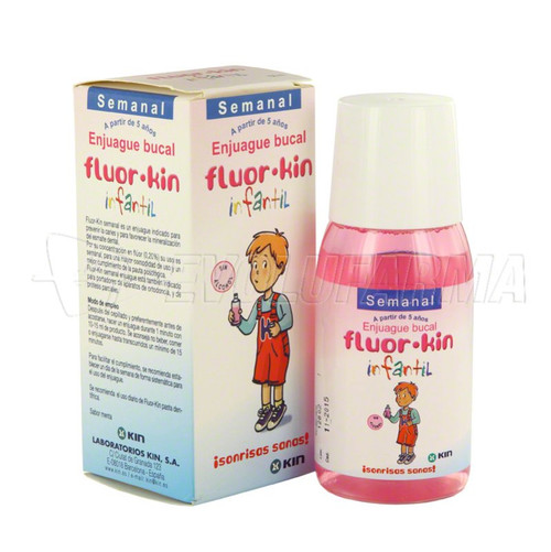 Fluor kin infantil semanal, enjuague bucal. envase de 100 mL.