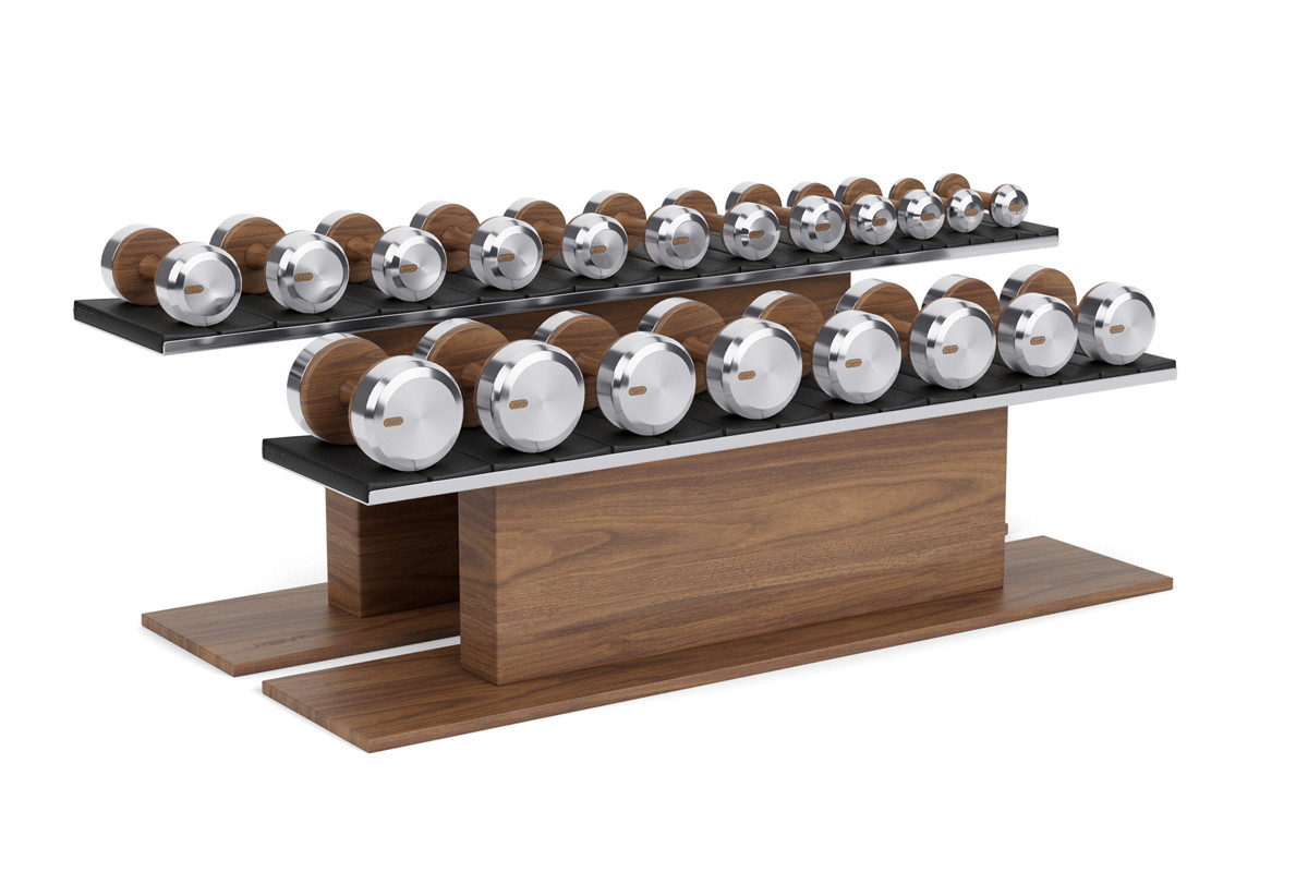 Full Set of Luxury COLMIA Dumbbells in Natural Walnut by PENT Fitness for Jack Game Room