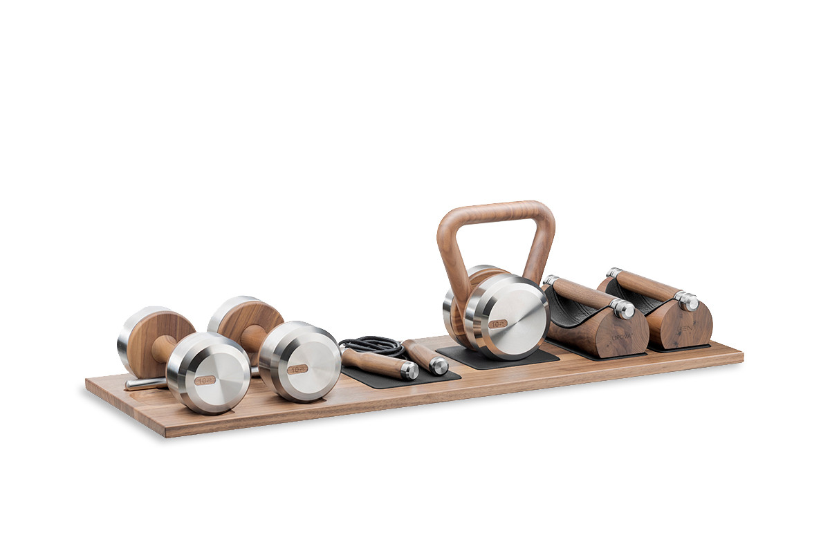 DEHA Compact Luxury Fitness Set in Natural Walnut by PENT Fitness for Jack Game Room