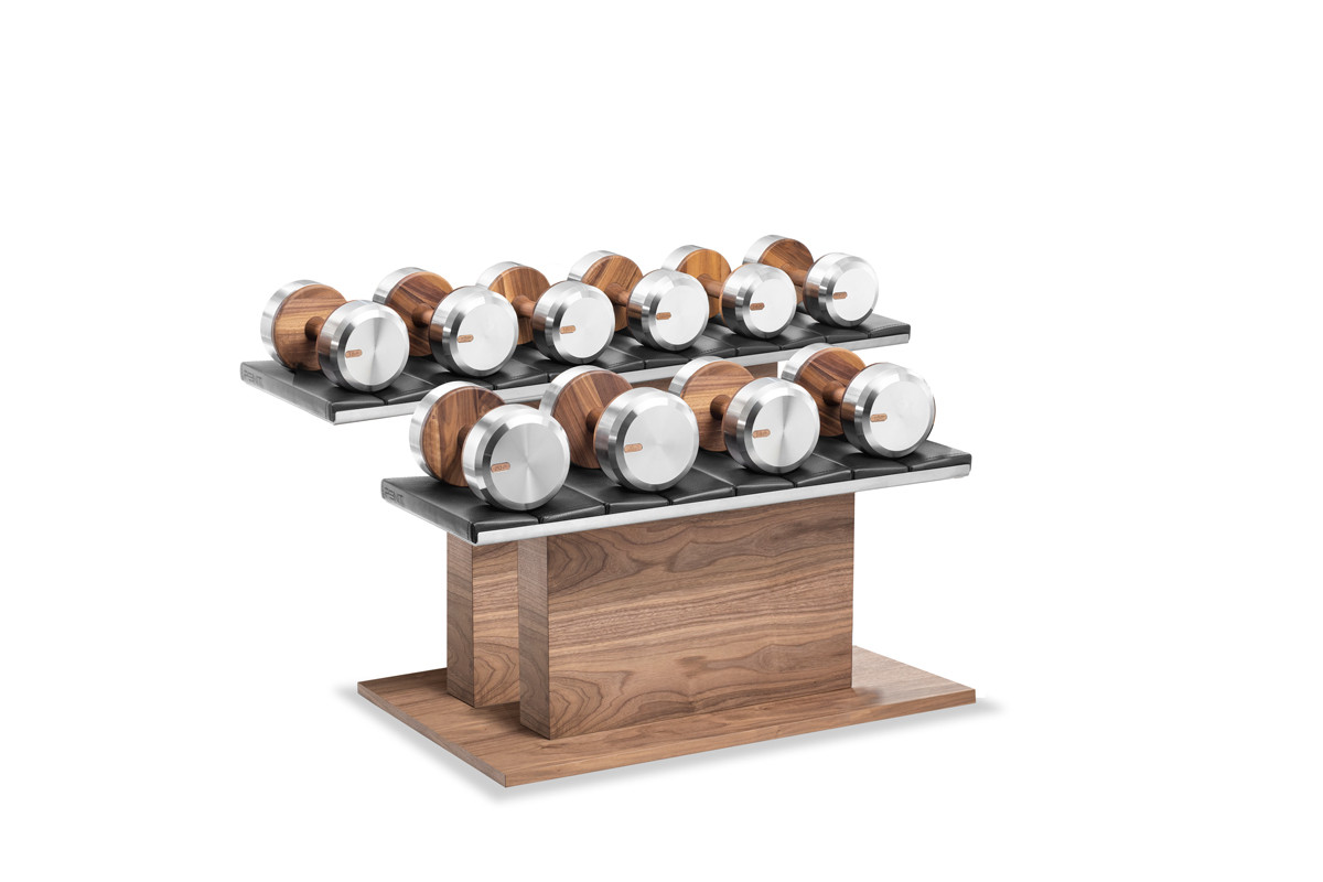 COLMIA Ultra Power Dumbbell Set in Natural Walnut by PENT Fitness for Jack Game Room