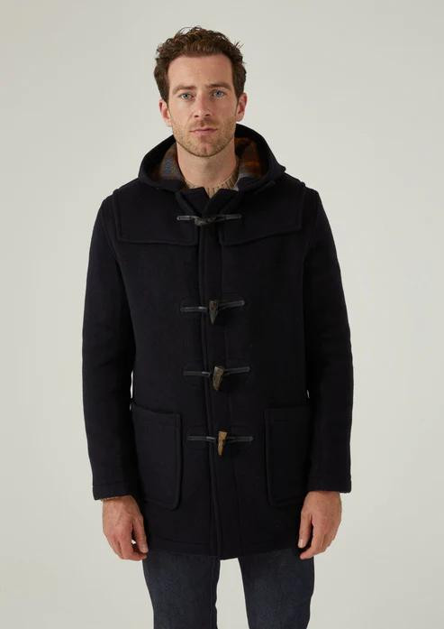 Alan Paine Alcombey Checkback Duffle Coat Navy - Robert Frost Quality