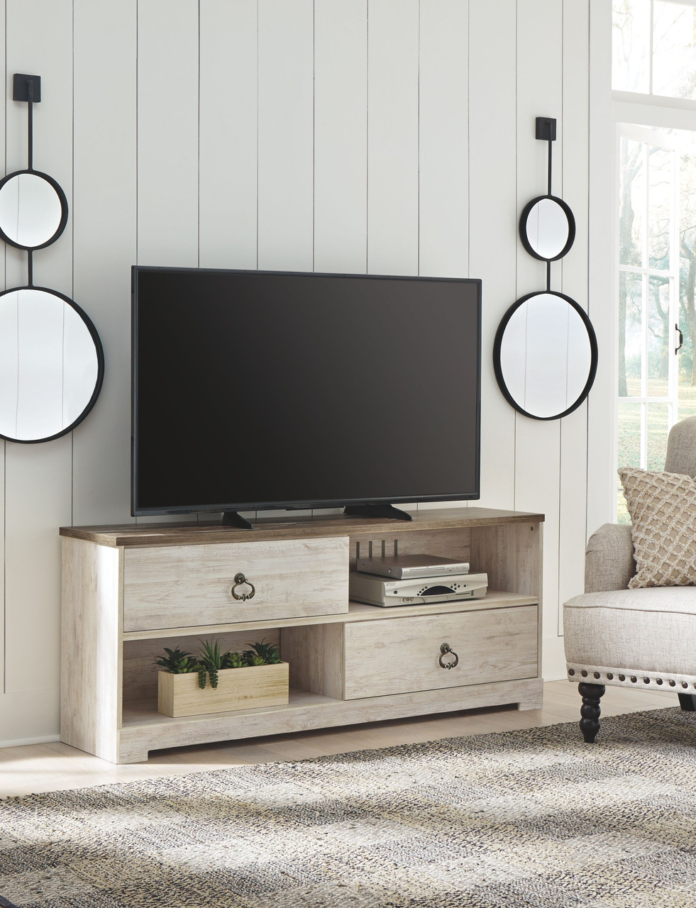 The Willowton Whitewash Large TV Stand with Fireplace Option, 2