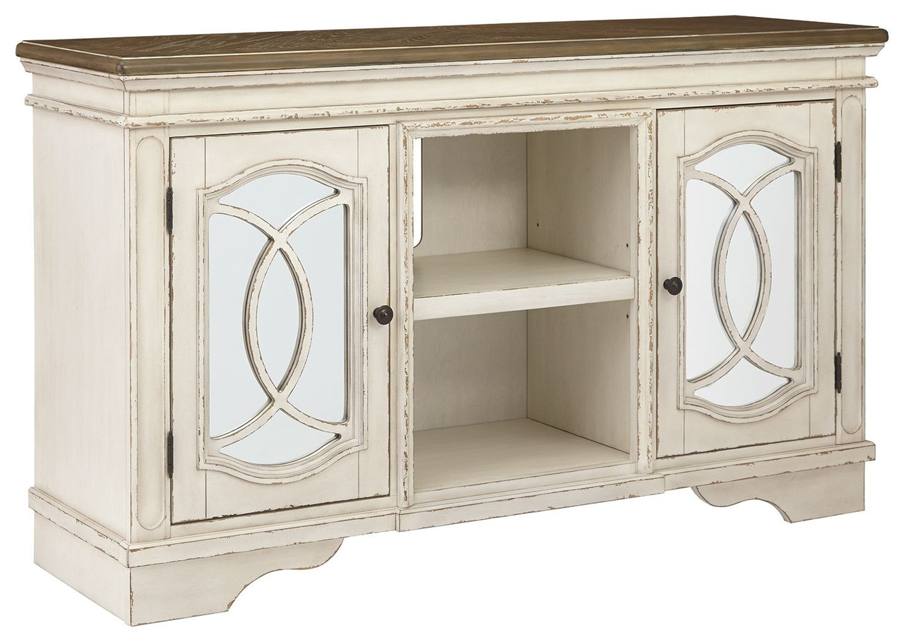 Realyn Chipped White Large TV Stand sold at Hilton Furniture serving  Houston, TX ands surrounding areas.