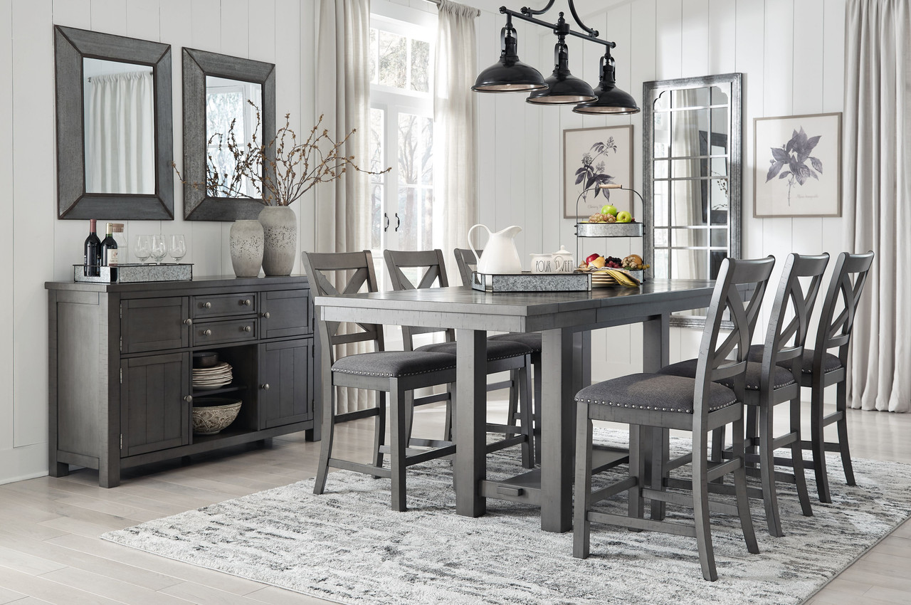 Myshanna Gray 8 Pc. Rectangular Dining Room Counter Extension Table 6 Upholstered Barstools Server