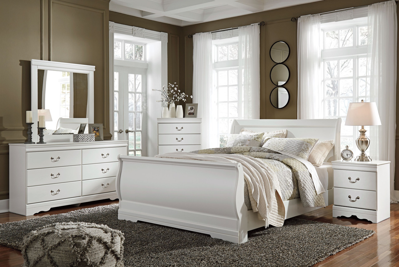 Anarasia White 5 Pc. Dresser Mirror Queen Sleigh Bed
