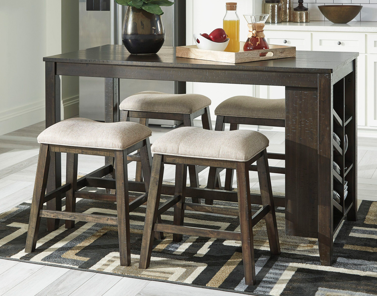 Rokane Brown 5 Pc. Rectangular Counter Table with Storage 4 Upholstered Stools