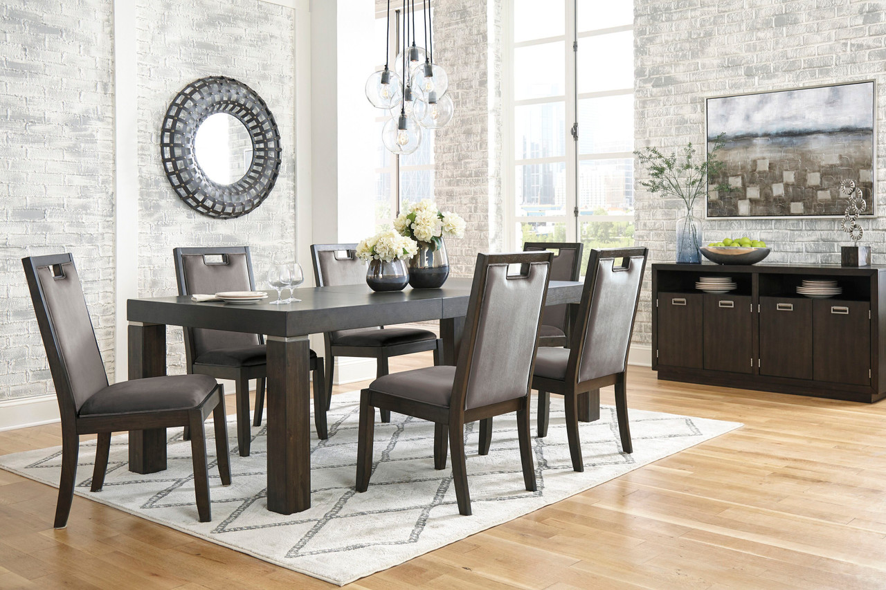 Dark brown table with shop grey chairs