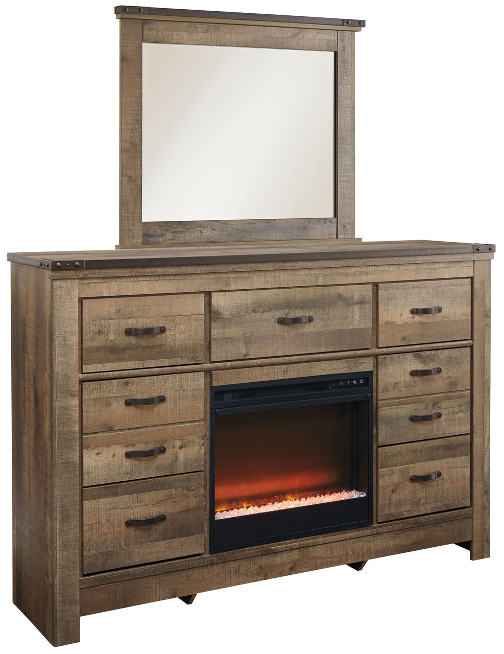 The Trinell Brown Dresser And Mirror With Fireplace sold at Hilton  Furniture serving Houston, TX and surrounding areas.