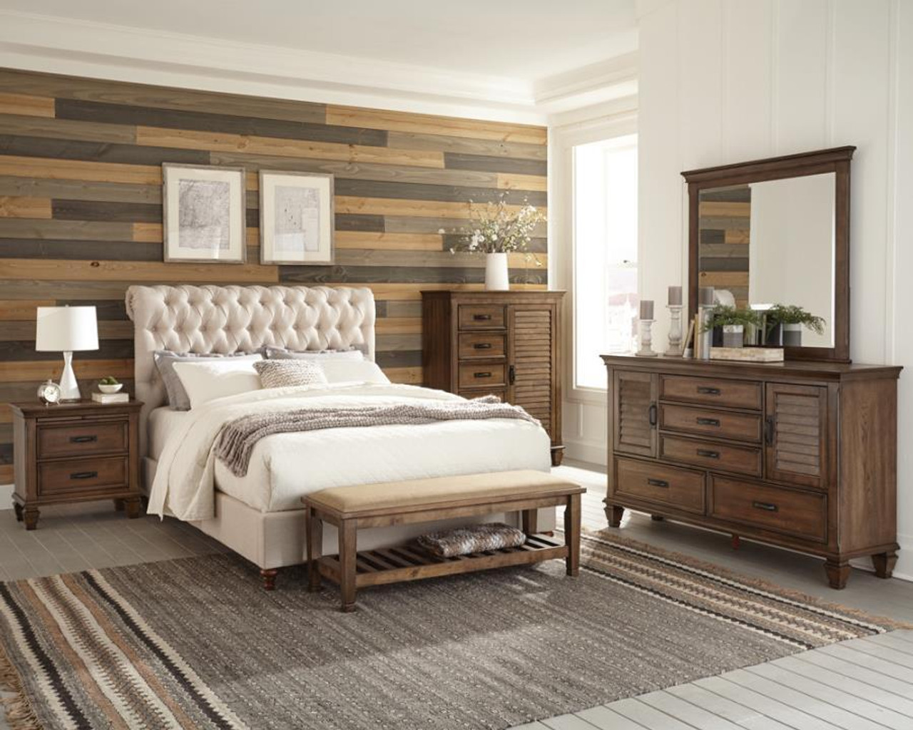 Devon 5 Piece Upholstered Bedroom Set Eastern King Bed Beige