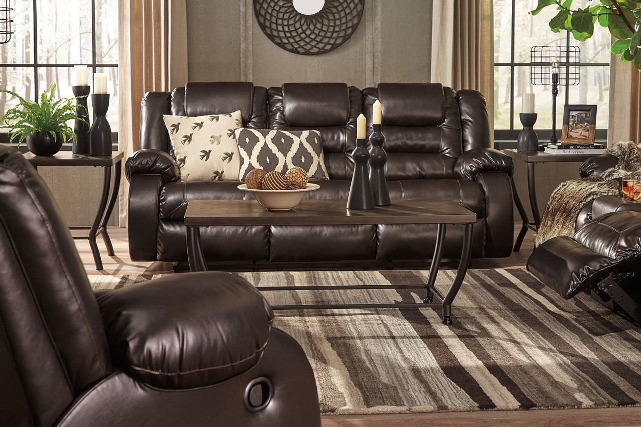 Vacherie Chocolate Reclining Sofa Double Reclining Loveseat with Console