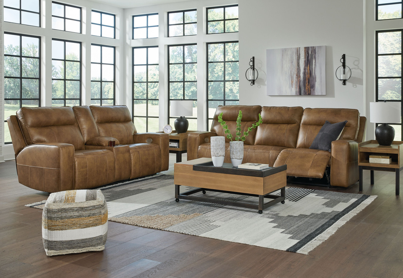Game Plan Caramel Power Reclining Sofa, Loveseat Hilton