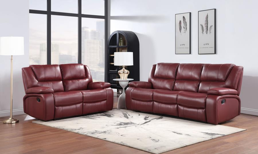 The Camila Motion Sofa And Loveseat Set Red sold at Hilton