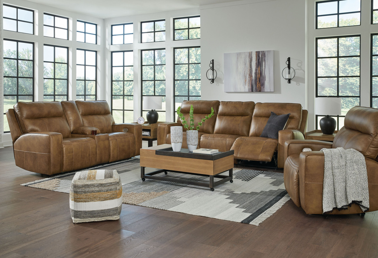 Game Plan Caramel Power Reclining Sofa, Loveseat, Recliner