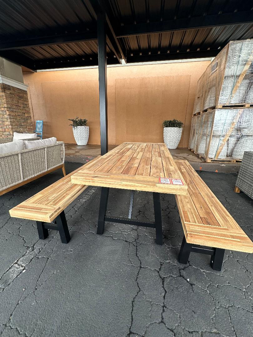 Outdoor Furniture Dining table with 2 bench Black/Wood BIG SALE !! 999.99  TEXT CYNTHIA 832 212-8792