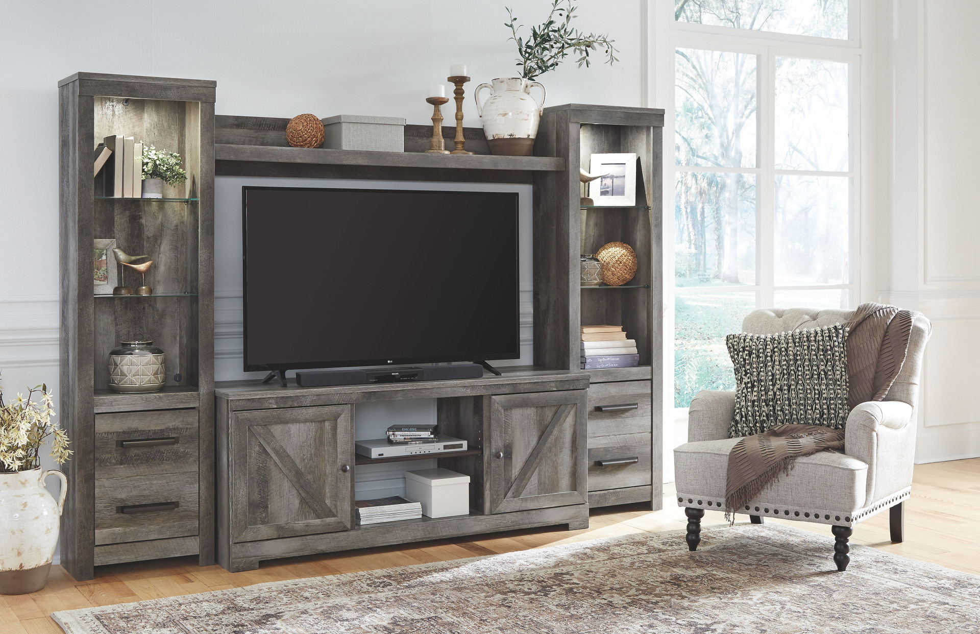 Wynnlow Gray LG TV Stand, 2 Piers, Bridge with Glass/Stone Fireplace