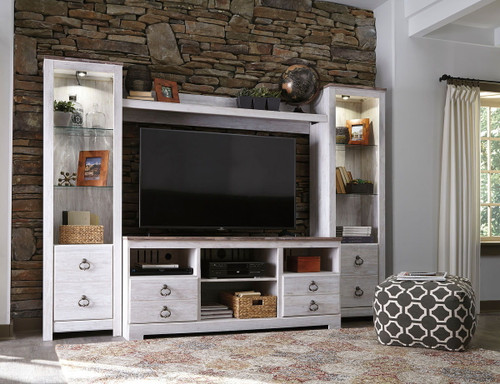 Willowton Whitewash Large TV Stand with Fireplace Option, 2 Piers & Bridge