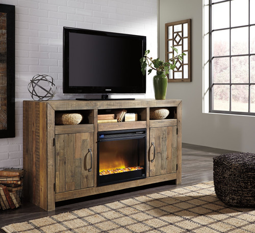 Sommerford Brown LG TV Stand with Fireplace Insert Glass/Stone