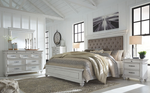 Kanwyn Whitewash 5 Pc. Dresser, Mirror & King Panel Upholstered Bed