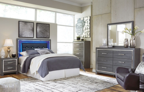 Lodanna Gray 5 Pc. Dresser, Mirror, Chest & Queen Upholstered Panel HDBD with Bolt on Bed Frame