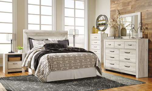 Bellaby Whitewash 5 Pc. Dresser, Mirror, Queen Panel Headboard Bed & 2 Nightstands