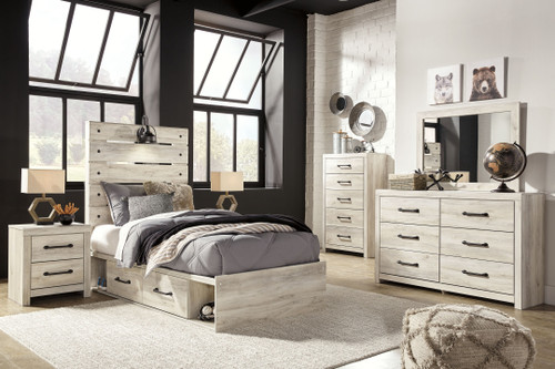 Cambeck Whitewash 10 Pc. Dresser, Mirror, Chest, Twin Panel Bed with 2 Storages & 2 Nightstands