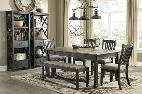 Tyler Creek Black/Gray 8 Pc. Rectangular Table, 4 Upholstered Side Chairs, Upholstered Bench & 2 Display Cabinets