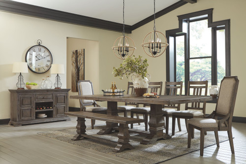 Wyndahl Rustic Brown 10 Pc. Rectangular Extension Table, 4 Upholstered Side Chairs, 2 Upholstered Side Chairs, Bench & Server