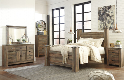 Trinell Brown 8 Pc. Dresser with Fireplace Option, Mirror, Chest, King Poster Bed & Nightstand