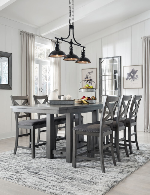 Myshanna Gray 7 Pc. Rectangular Dining Room Counter Extension Table, 6 Upholstered Barstools