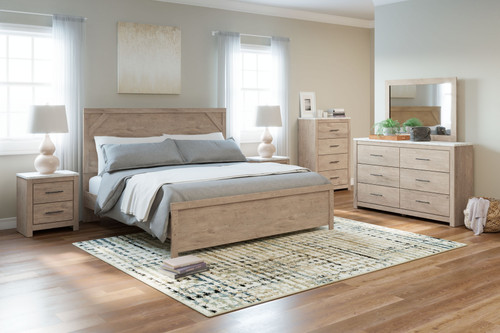 Senniberg Light Brown/White 7 Pc. Dresser, Mirror, Chest, King Panel Bed, 2 Nightstands
